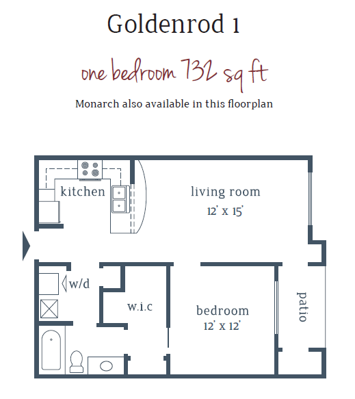 Floor plan for 1 bed, 1 bath, 732 sqft